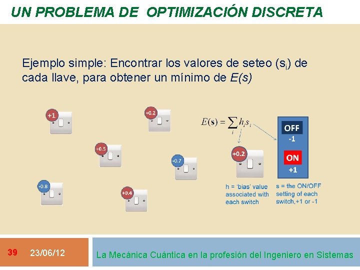 UN PROBLEMA DE OPTIMIZACIÓN DISCRETA Ejemplo simple: Encontrar los valores de seteo (si) de