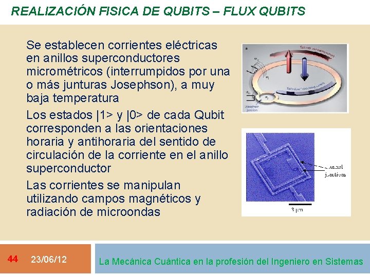 REALIZACIÓN FISICA DE QUBITS – FLUX QUBITS Se establecen corrientes eléctricas en anillos superconductores