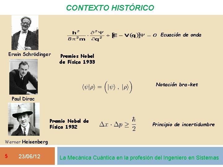 CONTEXTO HISTÓRICO Ecuación de onda Erwin Schrödinger Premios Nobel de Física 1933 Notación bra-ket