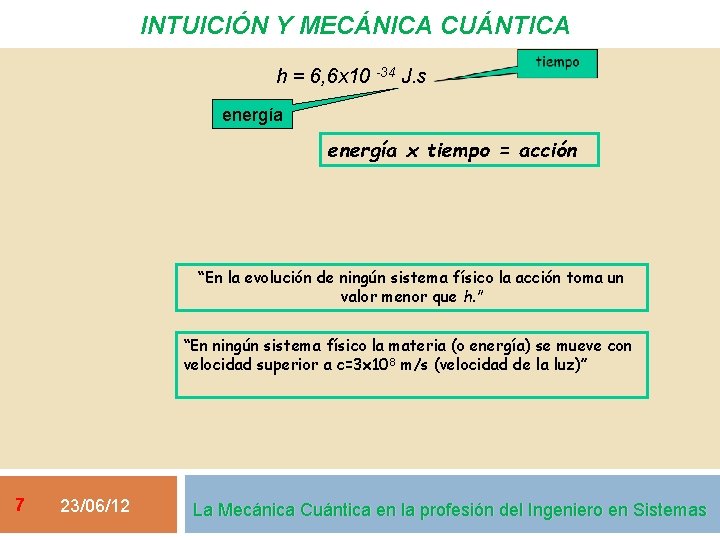 INTUICIÓN Y MECÁNICA CUÁNTICA h = 6, 6 x 10 -34 J. s energía