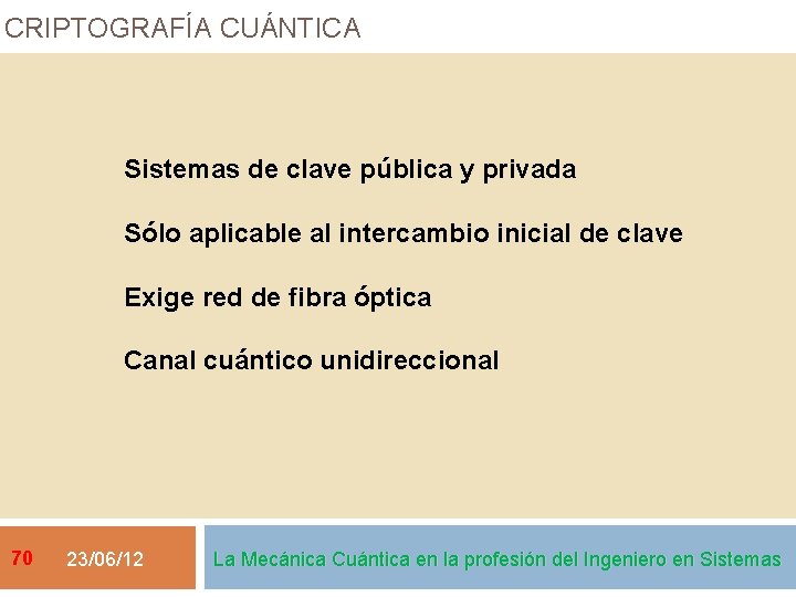 CRIPTOGRAFÍA CUÁNTICA Sistemas de clave pública y privada Sólo aplicable al intercambio inicial de