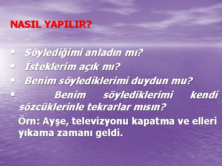 NASIL YAPILIR? § Söylediğimi anladın mı? § İsteklerim açık mı? § Benim söylediklerimi duydun