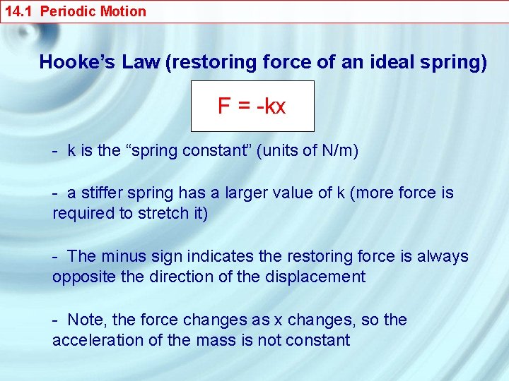 14. 1 Periodic Motion Hooke’s Law (restoring force of an ideal spring) F =