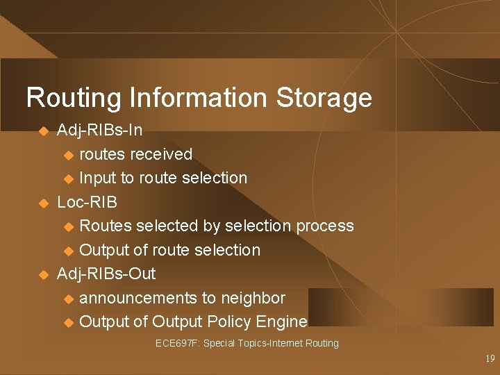 Routing Information Storage u u u Adj-RIBs-In u routes received u Input to route