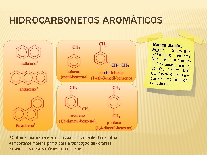 HIDROCARBONETOS AROMÁTICOS Nomes usuais. . . Alguns compostos aromáticos apre sentam, além da nom