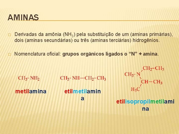 AMINAS � Derivadas da amônia (NH 3) pela substituição de um (aminas primárias), dois