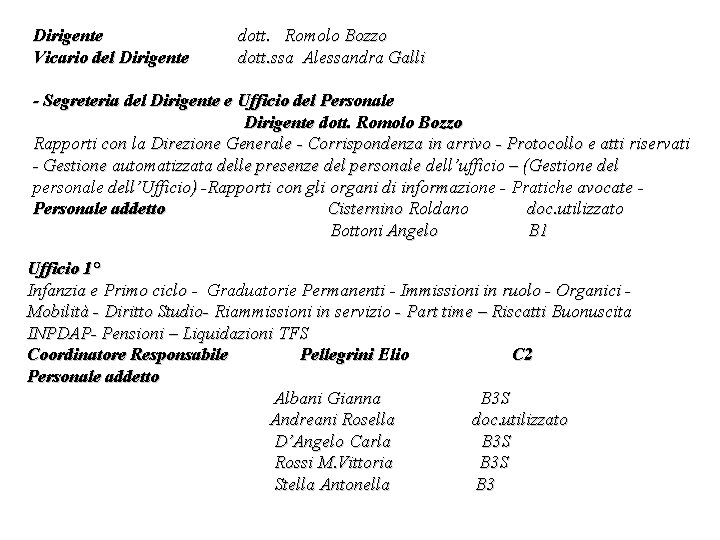 Dirigente dott. Romolo Bozzo Vicario del Dirigente dott. ssa Alessandra Galli - Segreteria del