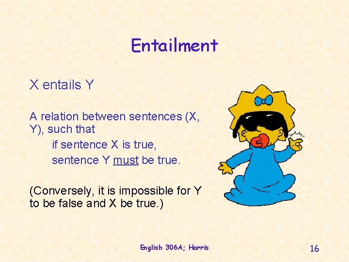 Entailment X entails Y A relation between sentences (X, Y), such that if sentence