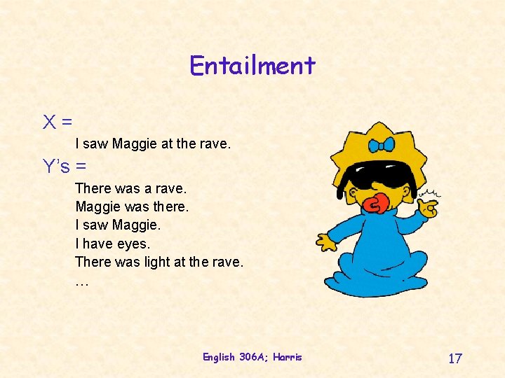 Entailment X= I saw Maggie at the rave. Y’s = There was a rave.