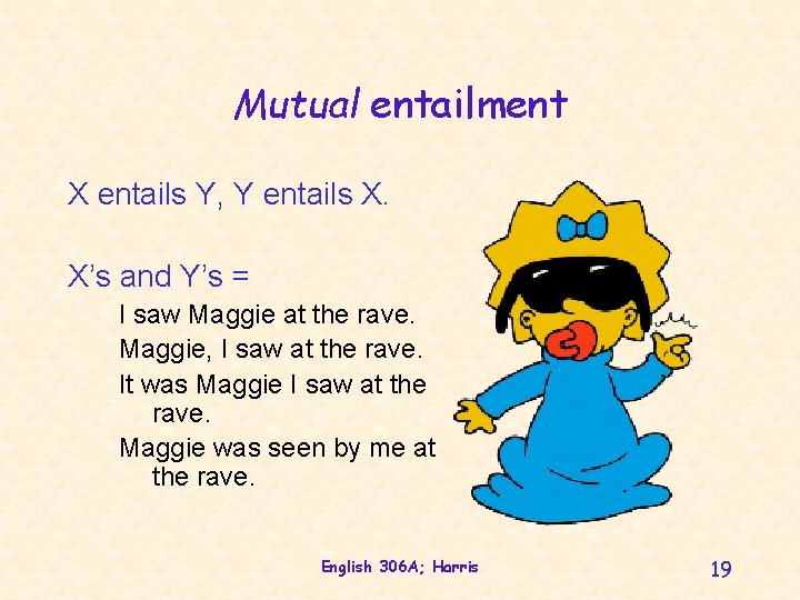 Mutual entailment X entails Y, Y entails X. X’s and Y’s = I saw
