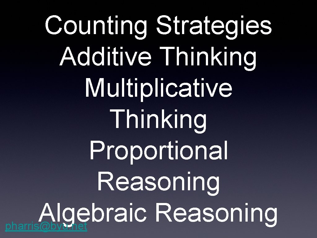 Counting Strategies Additive Thinking Multiplicative Thinking Proportional Reasoning Algebraic Reasoning pharris@byu. net 