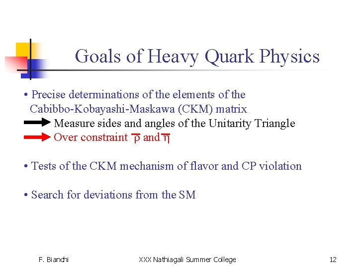 Goals of Heavy Quark Physics • Precise determinations of the elements of the Cabibbo-Kobayashi-Maskawa