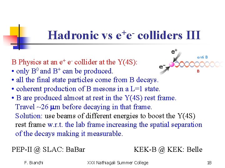 Hadronic vs e+e- colliders III B Physics at an e+ e- collider at the