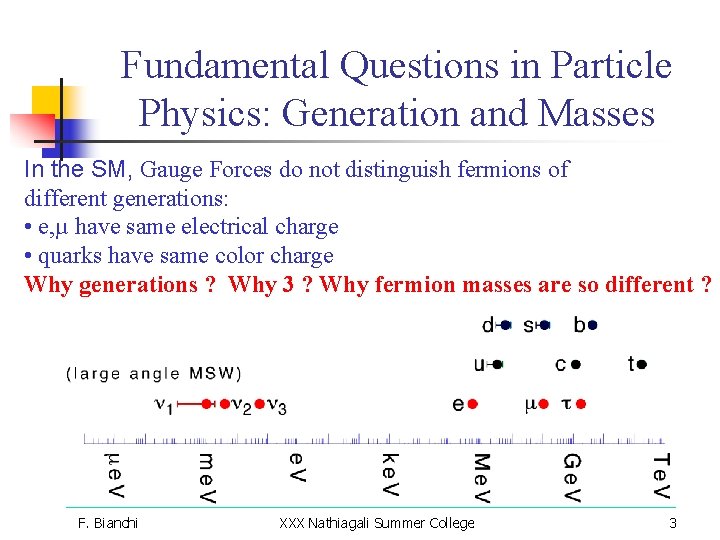 Fundamental Questions in Particle Physics: Generation and Masses In the SM, Gauge Forces do