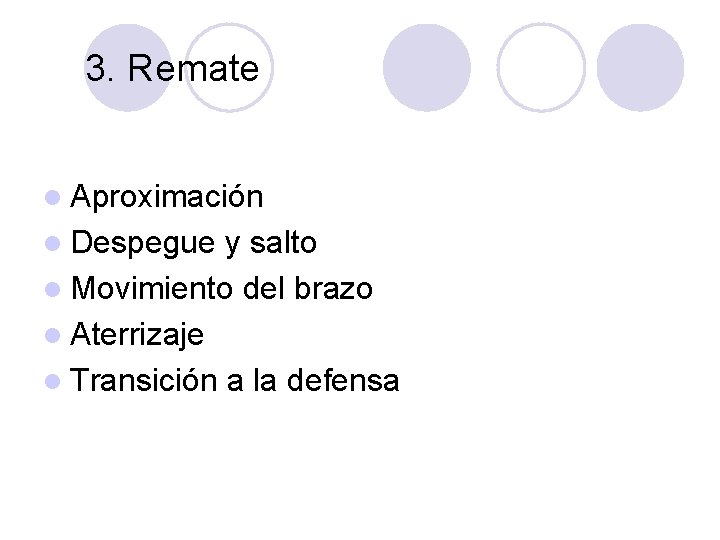 3. Remate l Aproximación l Despegue y salto l Movimiento del brazo l Aterrizaje