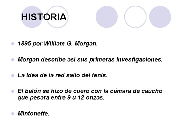 HISTORIA l 1895 por William G. Morgan. l Morgan describe así sus primeras investigaciones.