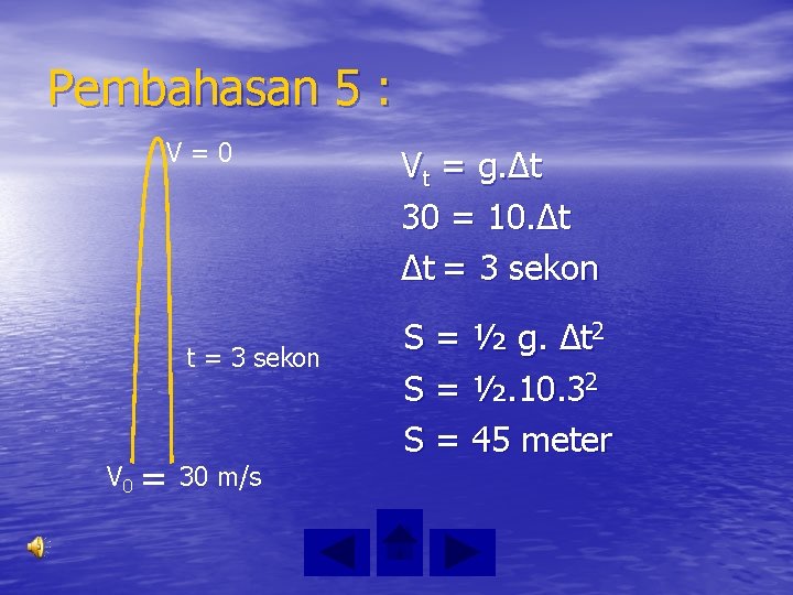 Pembahasan 5 : V=0 t = 3 sekon V 0 = 30 m/s Vt