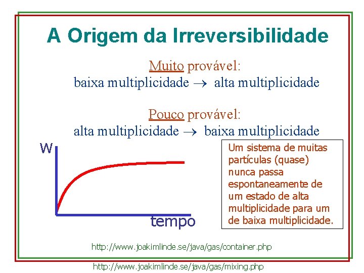 A Origem da Irreversibilidade Muito provável: baixa multiplicidade alta multiplicidade w Pouco provável: alta