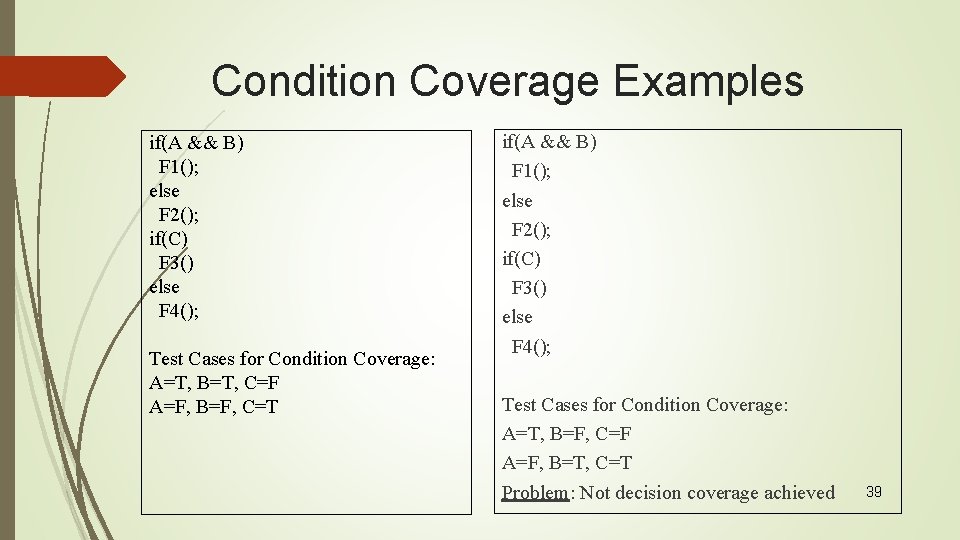 Condition Coverage Examples if(A && B) F 1(); else F 2(); if(C) F 3()