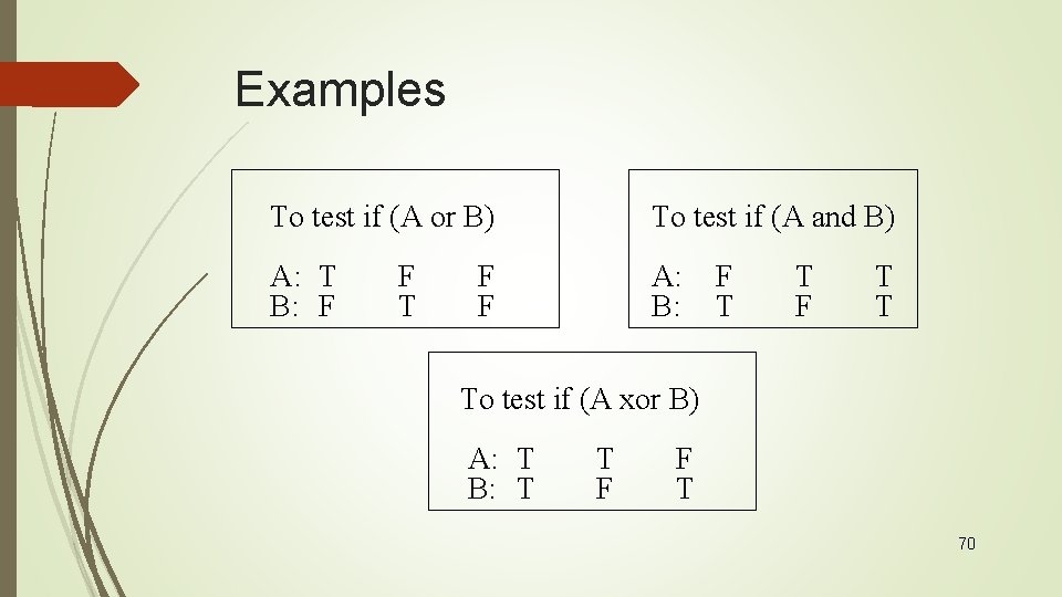 Examples To test if (A or B) To test if (A and B) A: