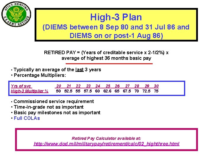 High-3 Plan (DIEMS between 8 Sep 80 and 31 Jul 86 and DIEMS on