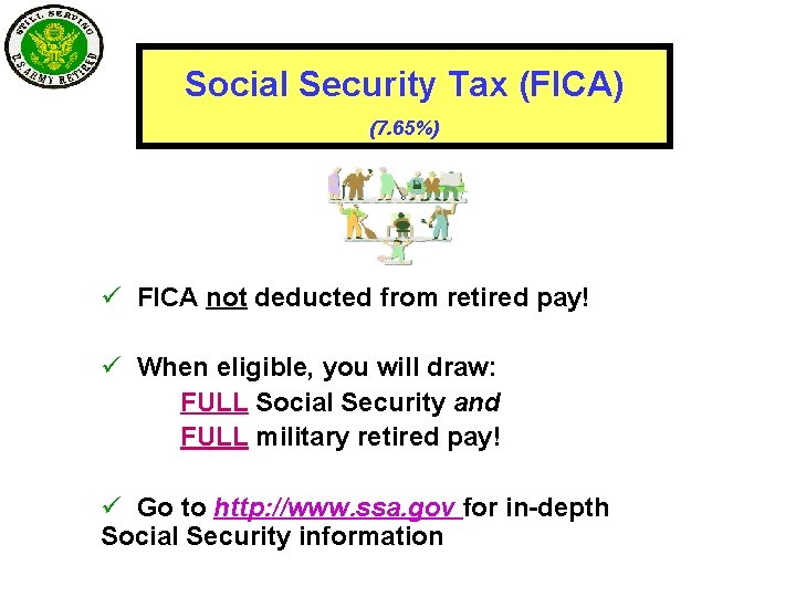 Social Security Tax (FICA) (7. 65%) ü FICA not deducted from retired pay! ü