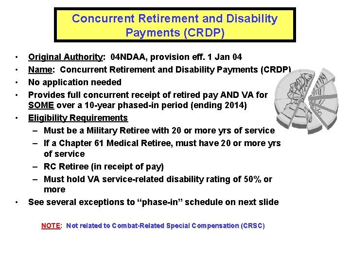 Concurrent Retirement and Disability Payments (CRDP) • • • Original Authority: 04 NDAA, provision