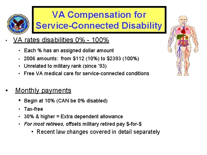 VA Compensation for Service-Connected Disability • VA rates disabilities 0% - 100% • Each