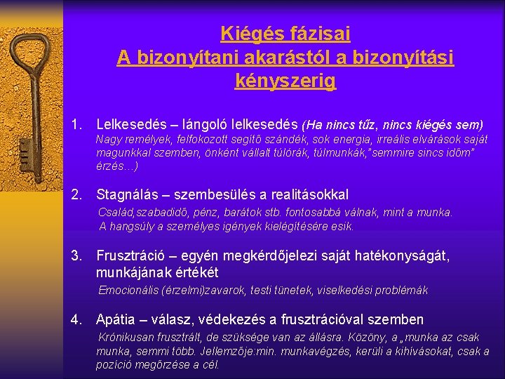 Kiégés fázisai A bizonyítani akarástól a bizonyítási kényszerig 1. Lelkesedés – lángoló lelkesedés (Ha