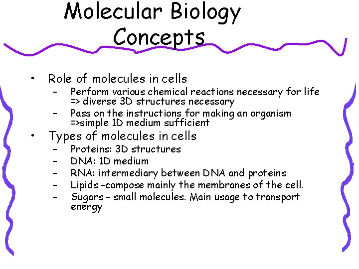 Molecular Biology Concepts • Role of molecules in cells – – • Perform various