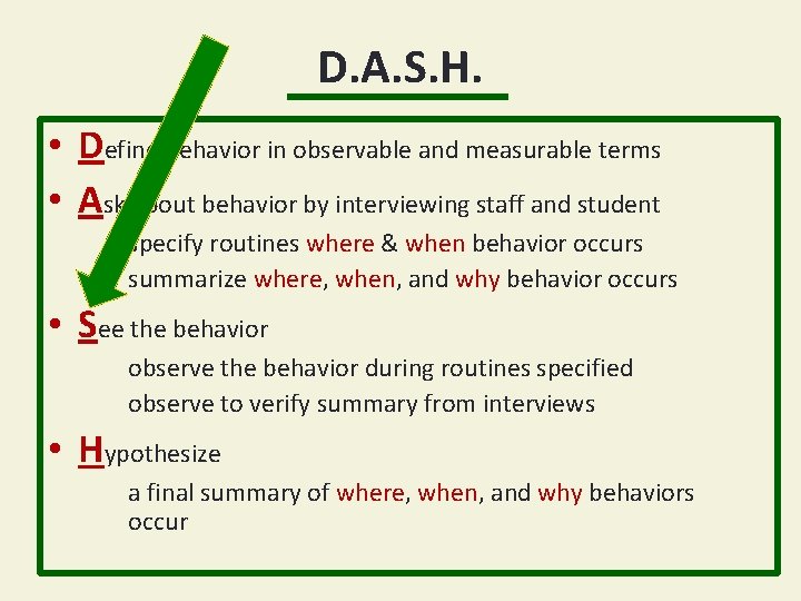 D. A. S. H. • Define behavior in observable and measurable terms • Ask