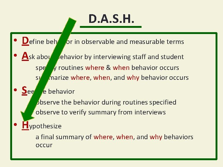 D. A. S. H. • Define behavior in observable and measurable terms • Ask