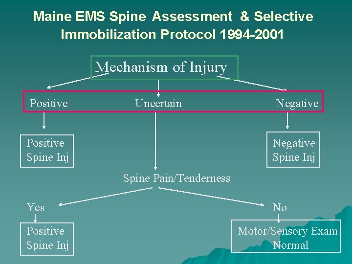 Maine EMS Spine Assessment & Selective Immobilization Protocol 1994 -2001 Mechanism of Injury Positive