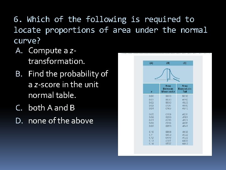 6. Which of the following is required to locate proportions of area under the