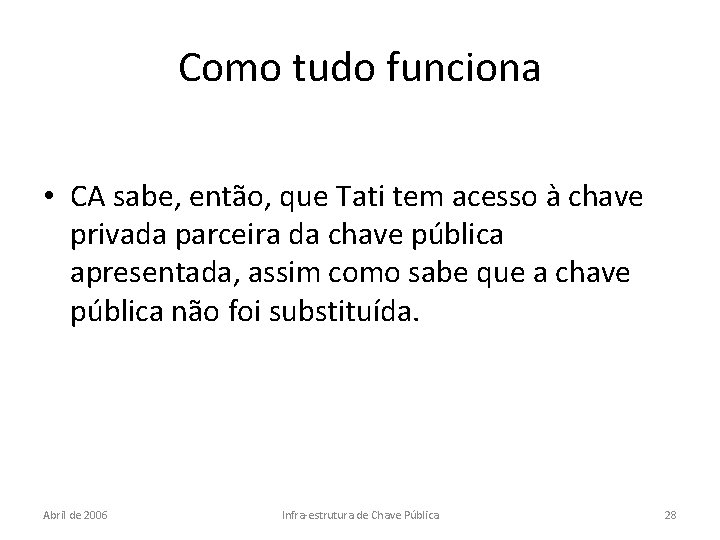 Como tudo funciona • CA sabe, então, que Tati tem acesso à chave privada