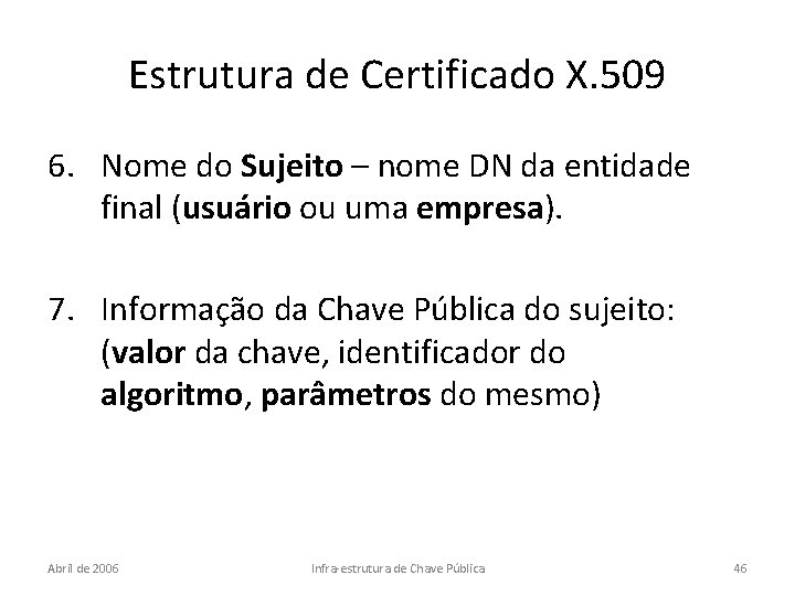 Estrutura de Certificado X. 509 6. Nome do Sujeito – nome DN da entidade