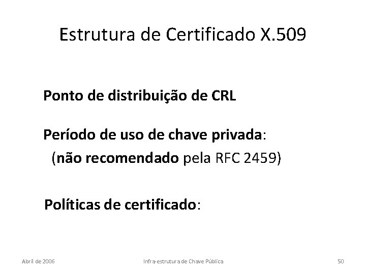 Estrutura de Certificado X. 509 Ponto de distribuição de CRL Período de uso de