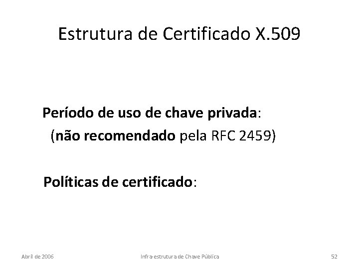 Estrutura de Certificado X. 509 Período de uso de chave privada: (não recomendado pela