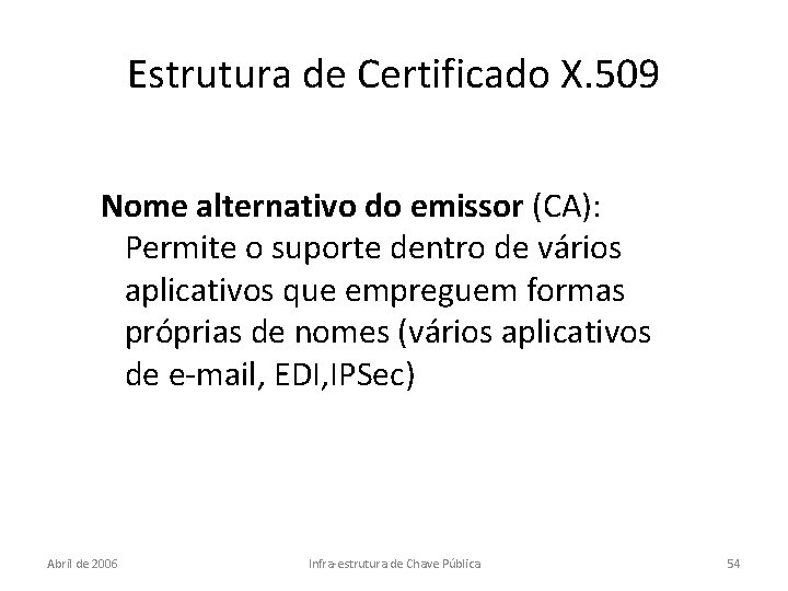 Estrutura de Certificado X. 509 Nome alternativo do emissor (CA): Permite o suporte dentro