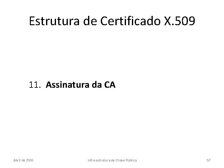 Estrutura de Certificado X. 509 11. Assinatura da CA Abril de 2006 Infra-estrutura de