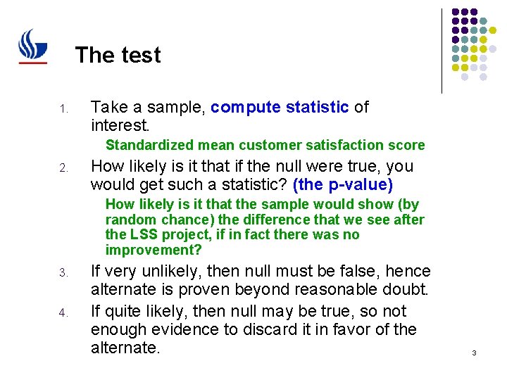 The test 1. Take a sample, compute statistic of interest. Standardized mean customer satisfaction