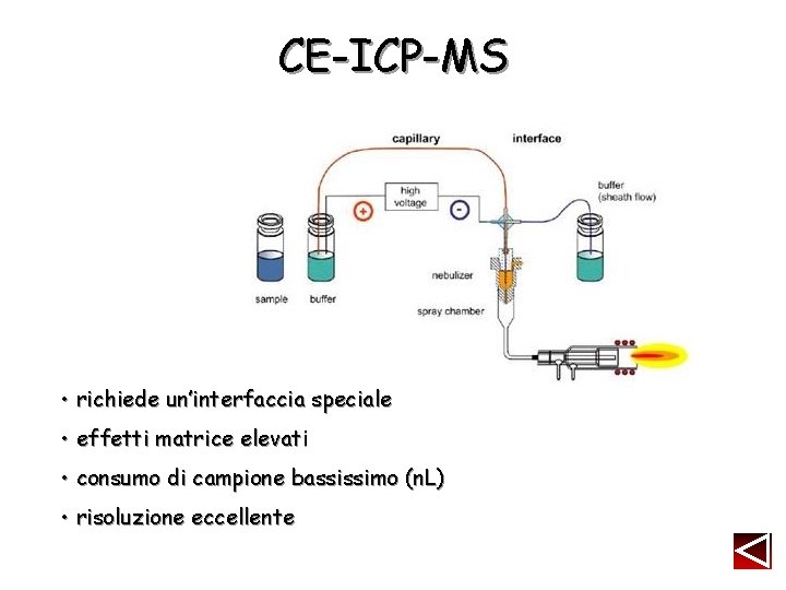 CE-ICP-MS • richiede un’interfaccia speciale • effetti matrice elevati • consumo di campione bassissimo