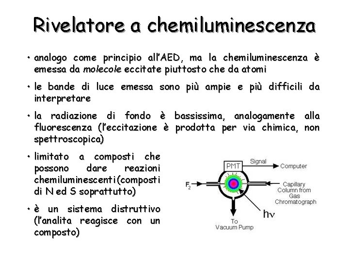 Rivelatore a chemiluminescenza • analogo come principio all’AED, ma la chemiluminescenza è emessa da