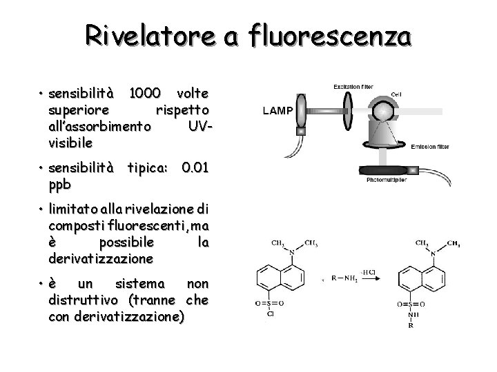 Rivelatore a fluorescenza • sensibilità 1000 volte superiore rispetto all’assorbimento UVvisibile • sensibilità tipica: