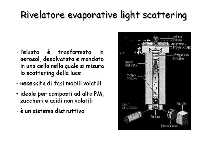 Rivelatore evaporative light scattering • l’eluato è trasformato in aerosol, desolvatato e mandato in
