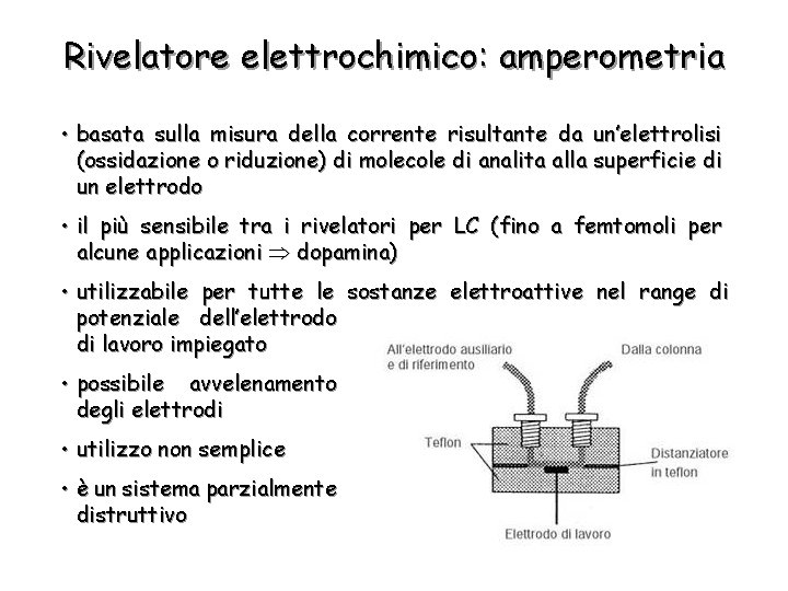 Rivelatore elettrochimico: amperometria • basata sulla misura della corrente risultante da un’elettrolisi (ossidazione o