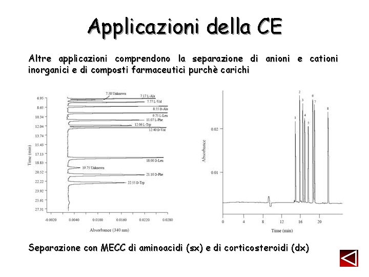 Applicazioni della CE Altre applicazioni comprendono la separazione di anioni e cationi inorganici e