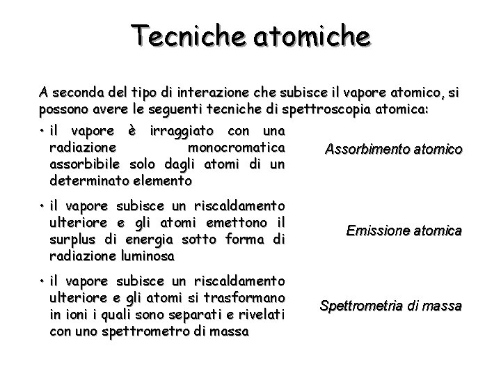 Tecniche atomiche A seconda del tipo di interazione che subisce il vapore atomico, si
