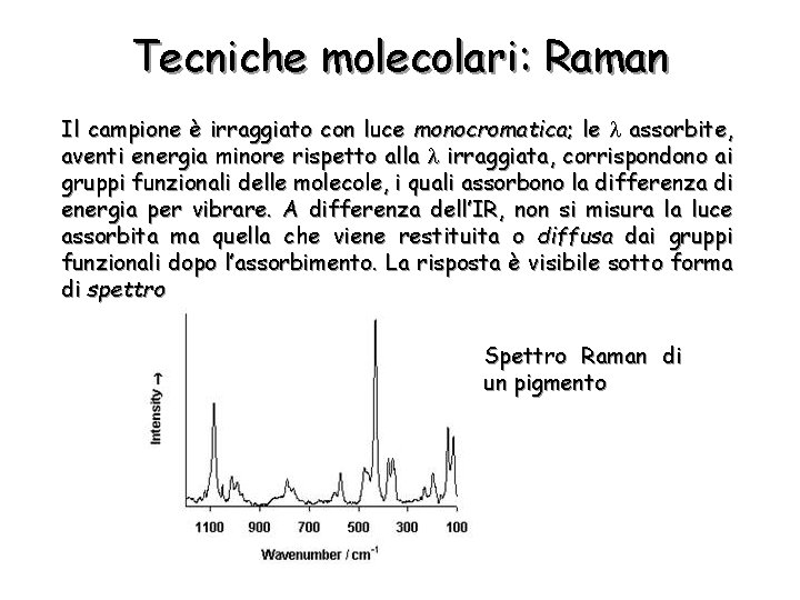 Tecniche molecolari: Raman Il campione è irraggiato con luce monocromatica; le assorbite, aventi energia