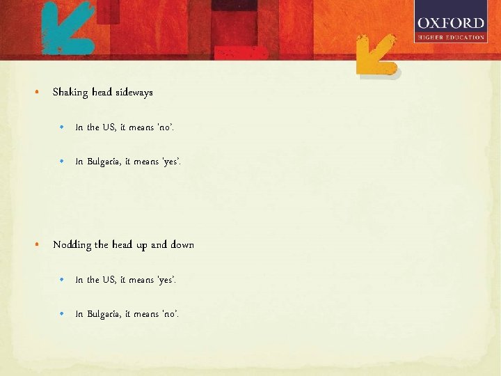  • Shaking head sideways • In the US, it means ‘no’. • In